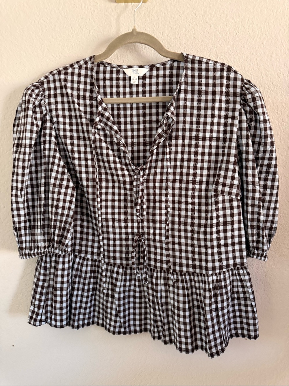 Time and Tru Brown Gingham Peplum Puff Sleeve Blouse XL 16-18